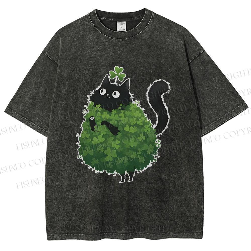 Unisex Four-Leaf Clover Cat Printed Washed Tee