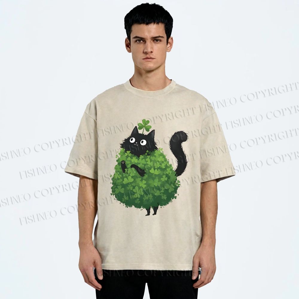 Unisex Four-Leaf Clover Cat Printed Washed Tee