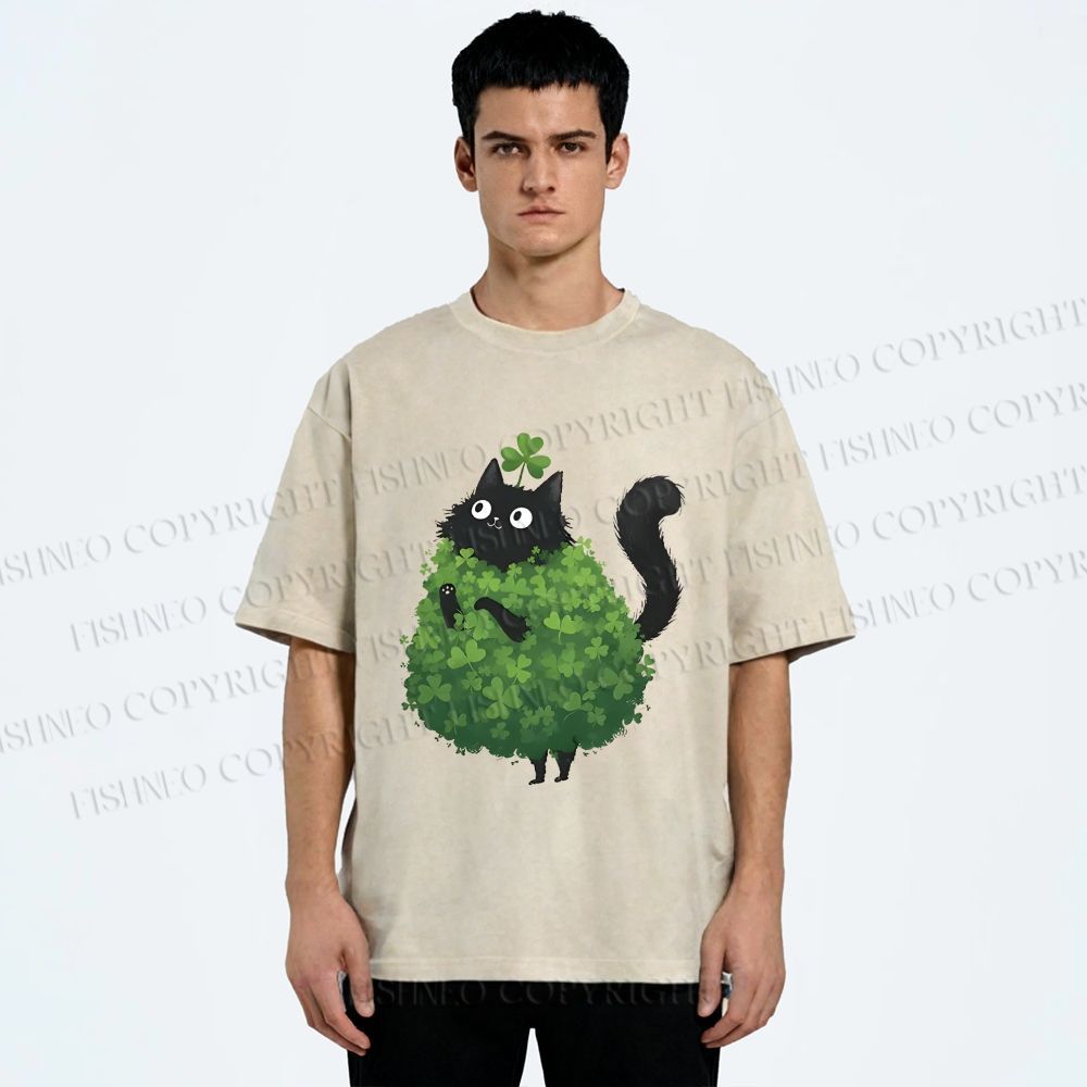 Unisex Four-Leaf Clover Cat Printed Washed Tee