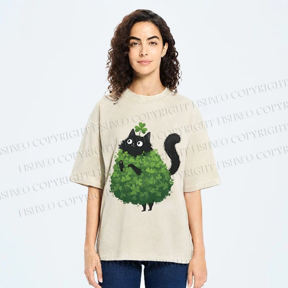 Unisex Four-Leaf Clover Cat Printed Washed Tee