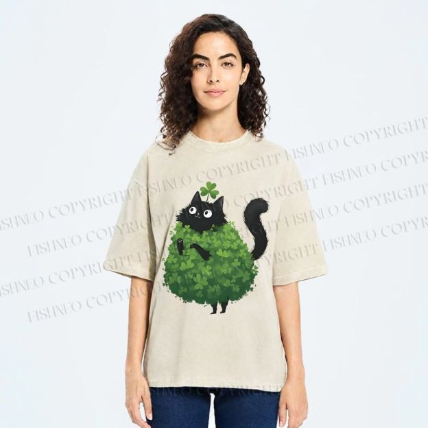 Unisex Four-Leaf Clover Cat Printed Washed Tee
