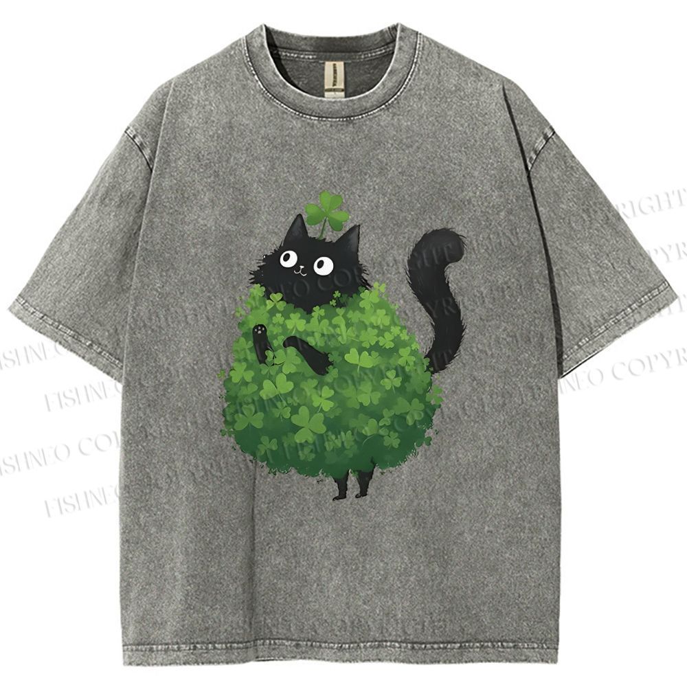 Unisex Four-Leaf Clover Cat Printed Washed Tee