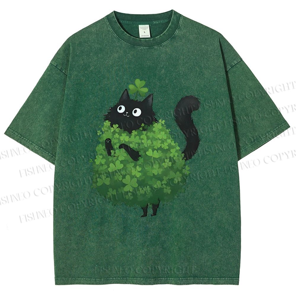 Unisex Four-Leaf Clover Cat Printed Washed Tee