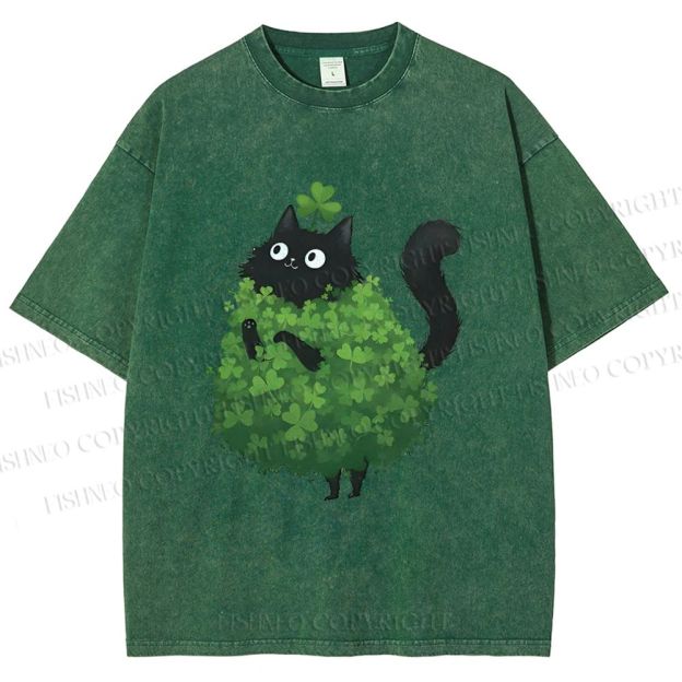 Unisex Four-Leaf Clover Cat Printed Washed Tee