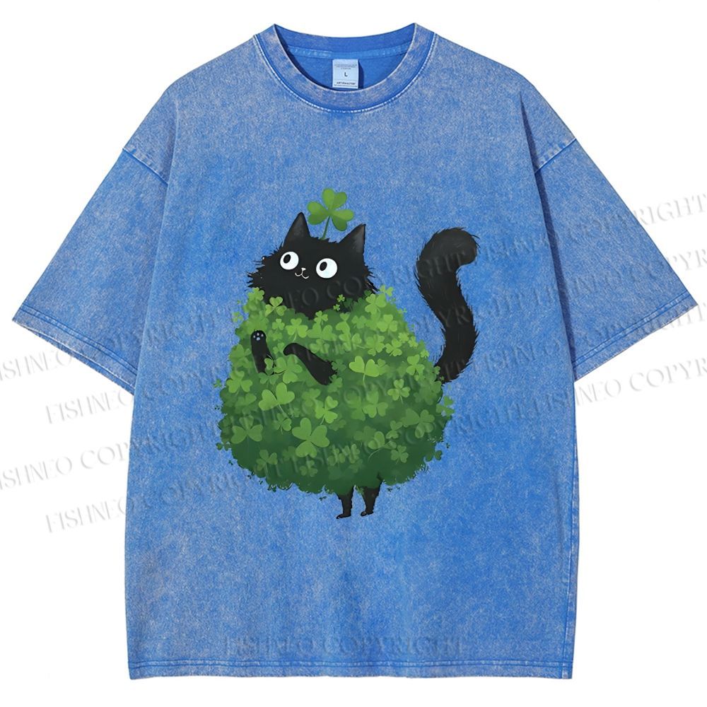 Unisex Four-Leaf Clover Cat Printed Washed Tee