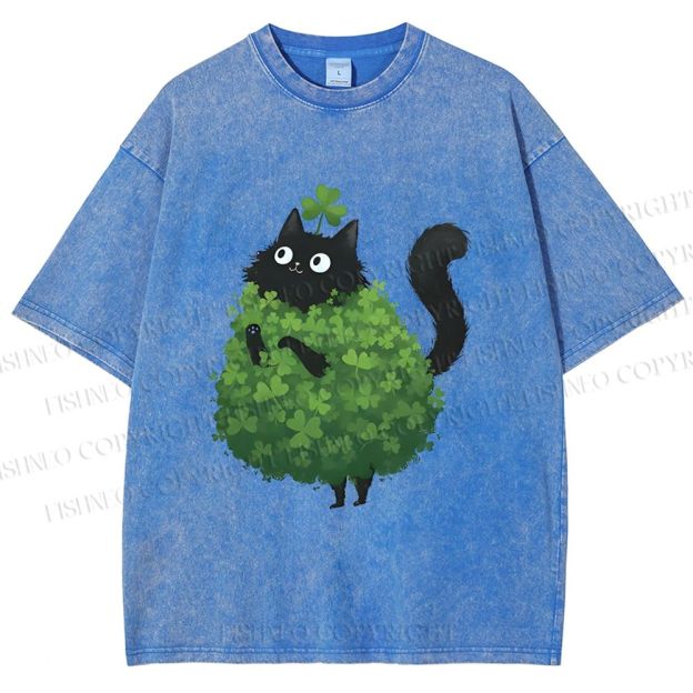 Unisex Four-Leaf Clover Cat Printed Washed Tee