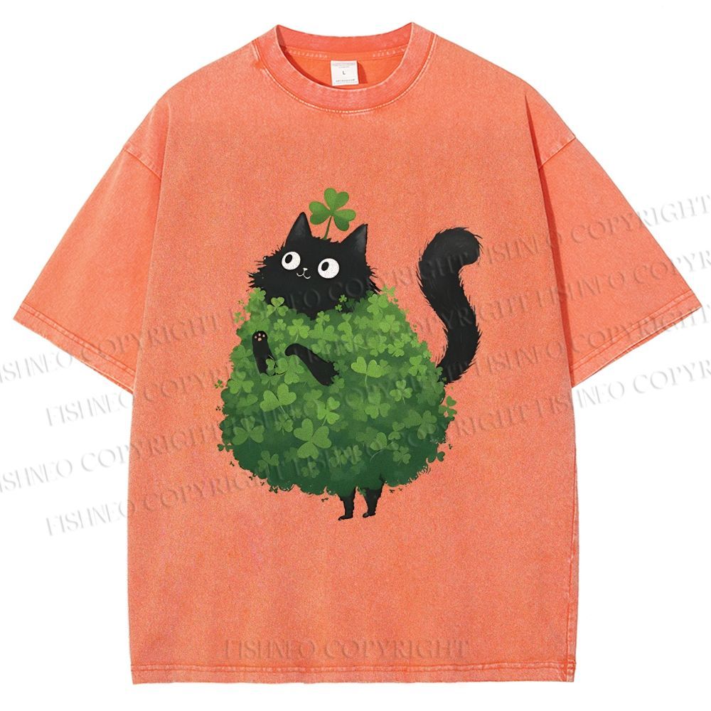 Unisex Four-Leaf Clover Cat Printed Washed Tee