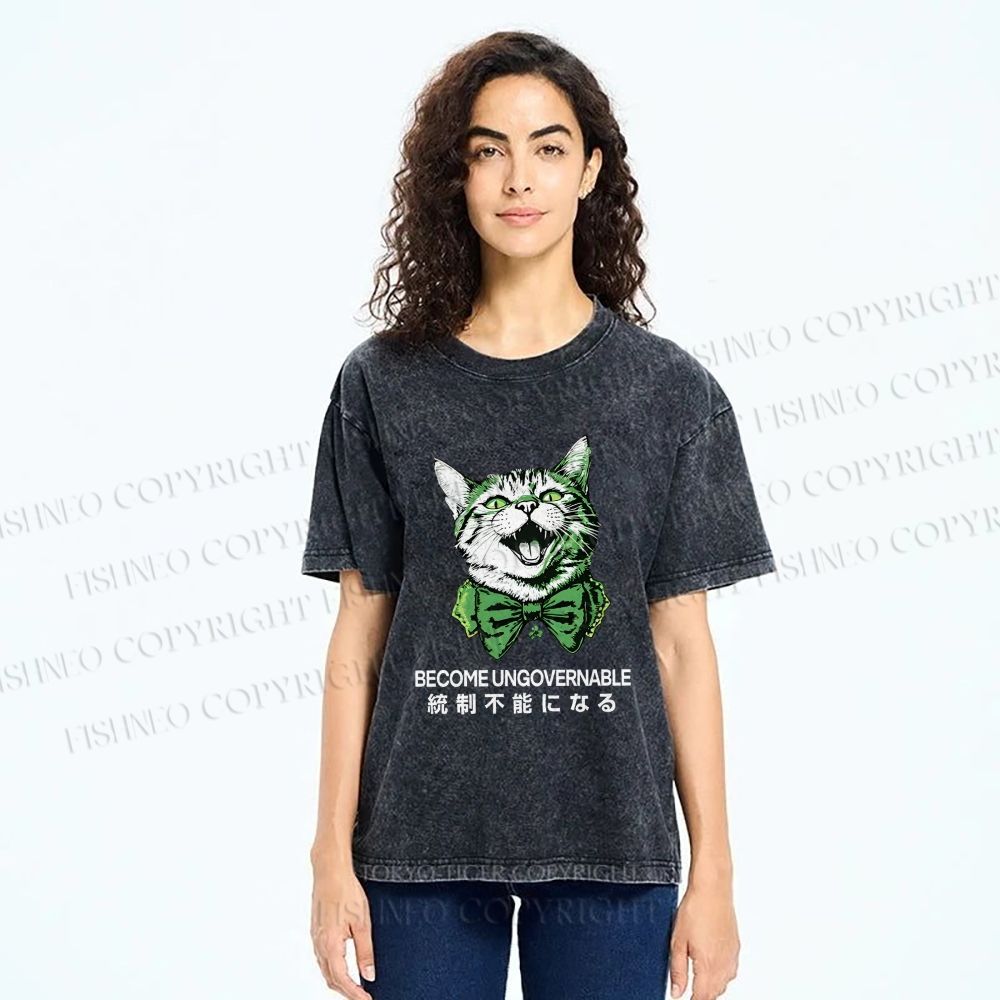 Unisex Become Ungovernable Four-Leaf Clover Cat Printed Washed Tee