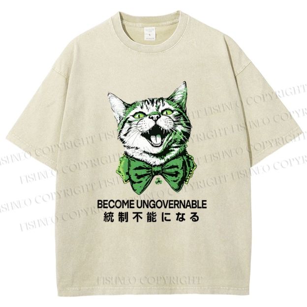 Unisex Become Ungovernable Four-Leaf Clover Cat Printed Washed Tee