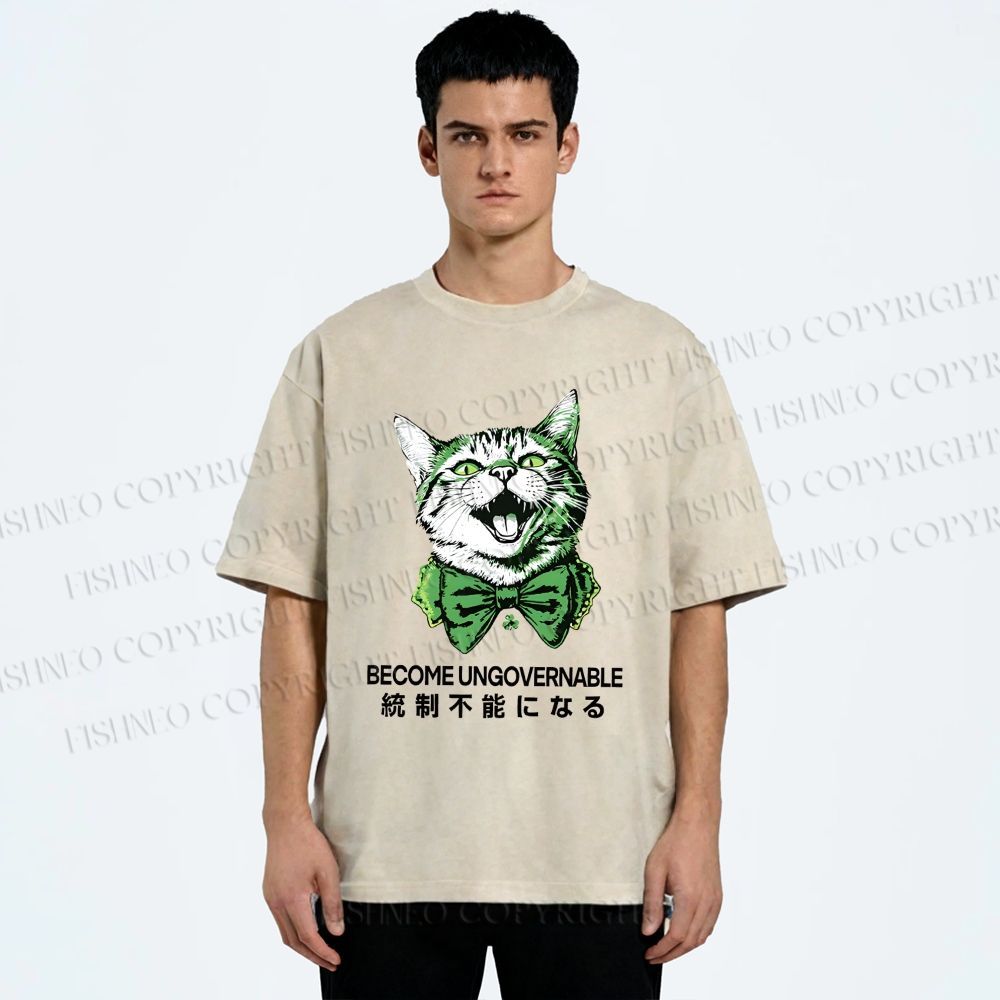 Unisex Become Ungovernable Four-Leaf Clover Cat Printed Washed Tee