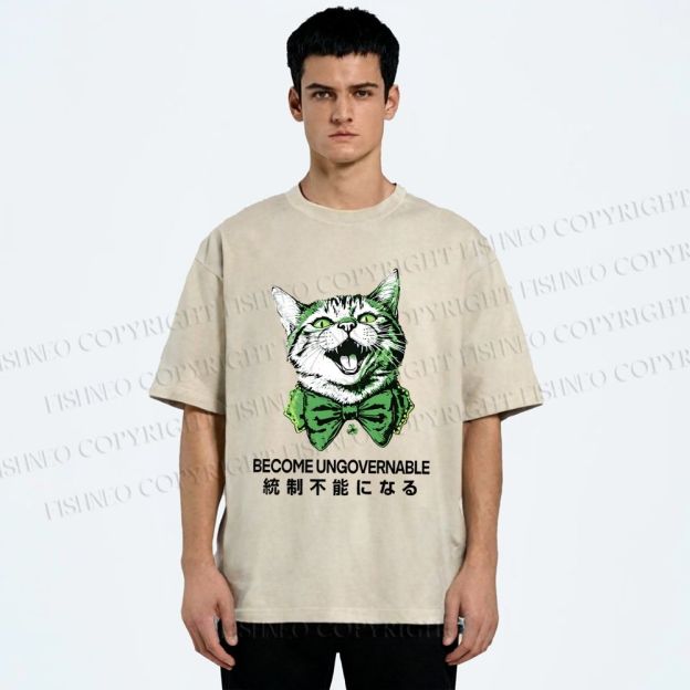 Unisex Become Ungovernable Four-Leaf Clover Cat Printed Washed Tee