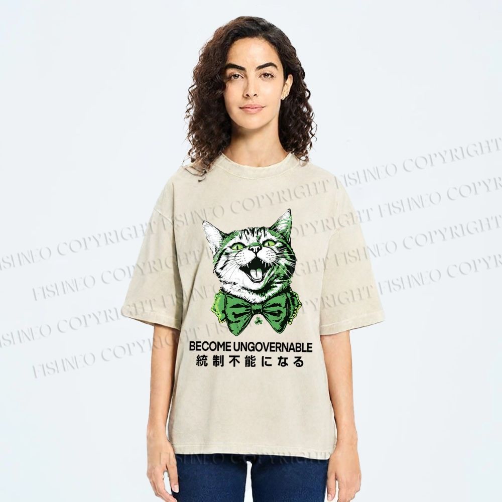 Unisex Become Ungovernable Four-Leaf Clover Cat Printed Washed Tee
