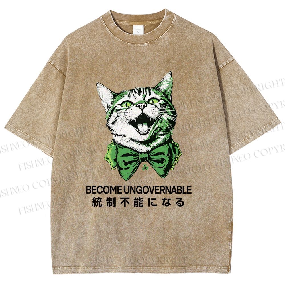 Unisex Become Ungovernable Four-Leaf Clover Cat Printed Washed Tee