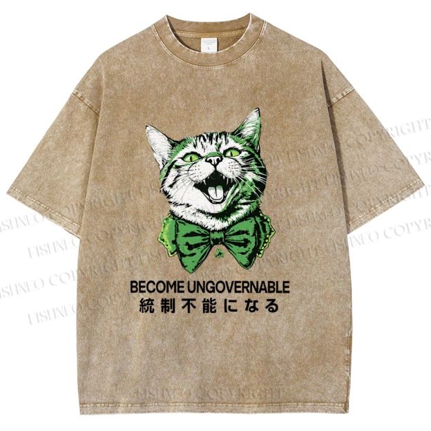 Unisex Become Ungovernable Four-Leaf Clover Cat Printed Washed Tee