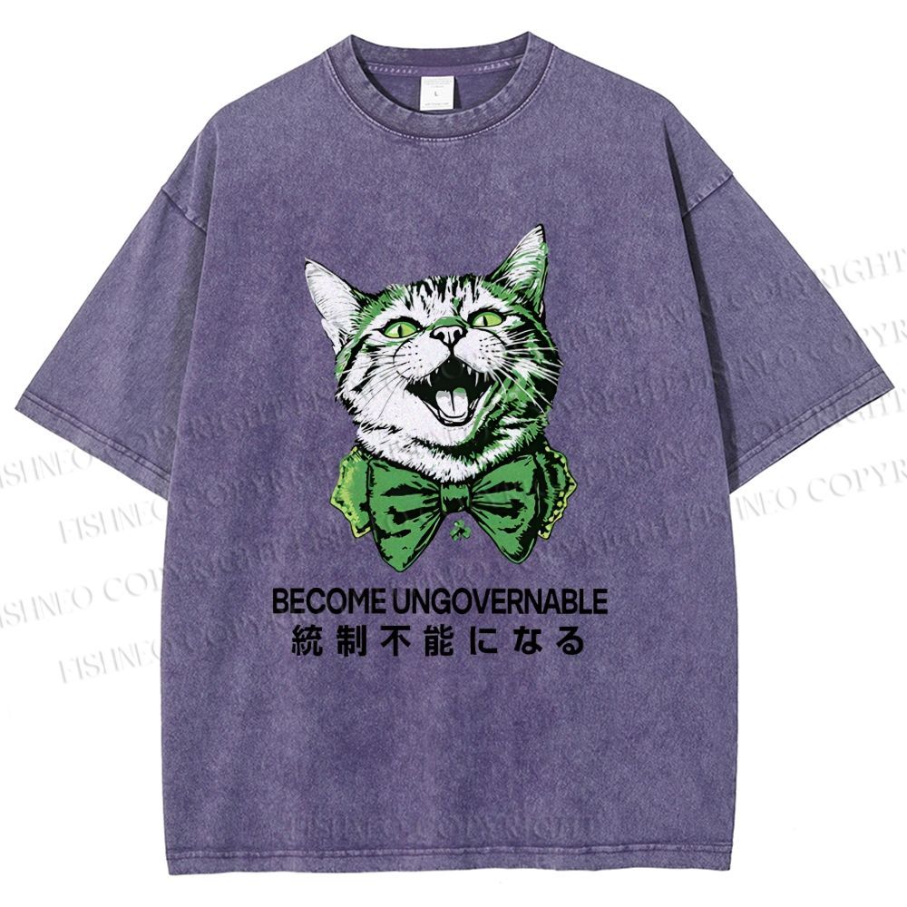 Unisex Become Ungovernable Four-Leaf Clover Cat Printed Washed Tee