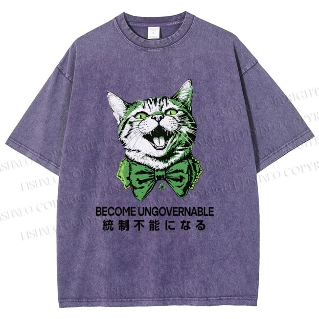 Unisex Become Ungovernable Four-Leaf Clover Cat Printed Washed Tee