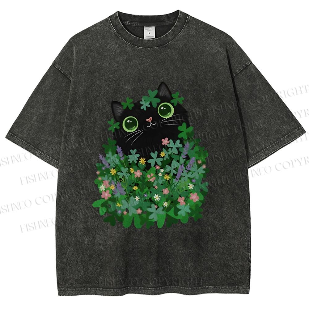 Unisex Black Cat On St. Patrick's Day Printed Washed Tee