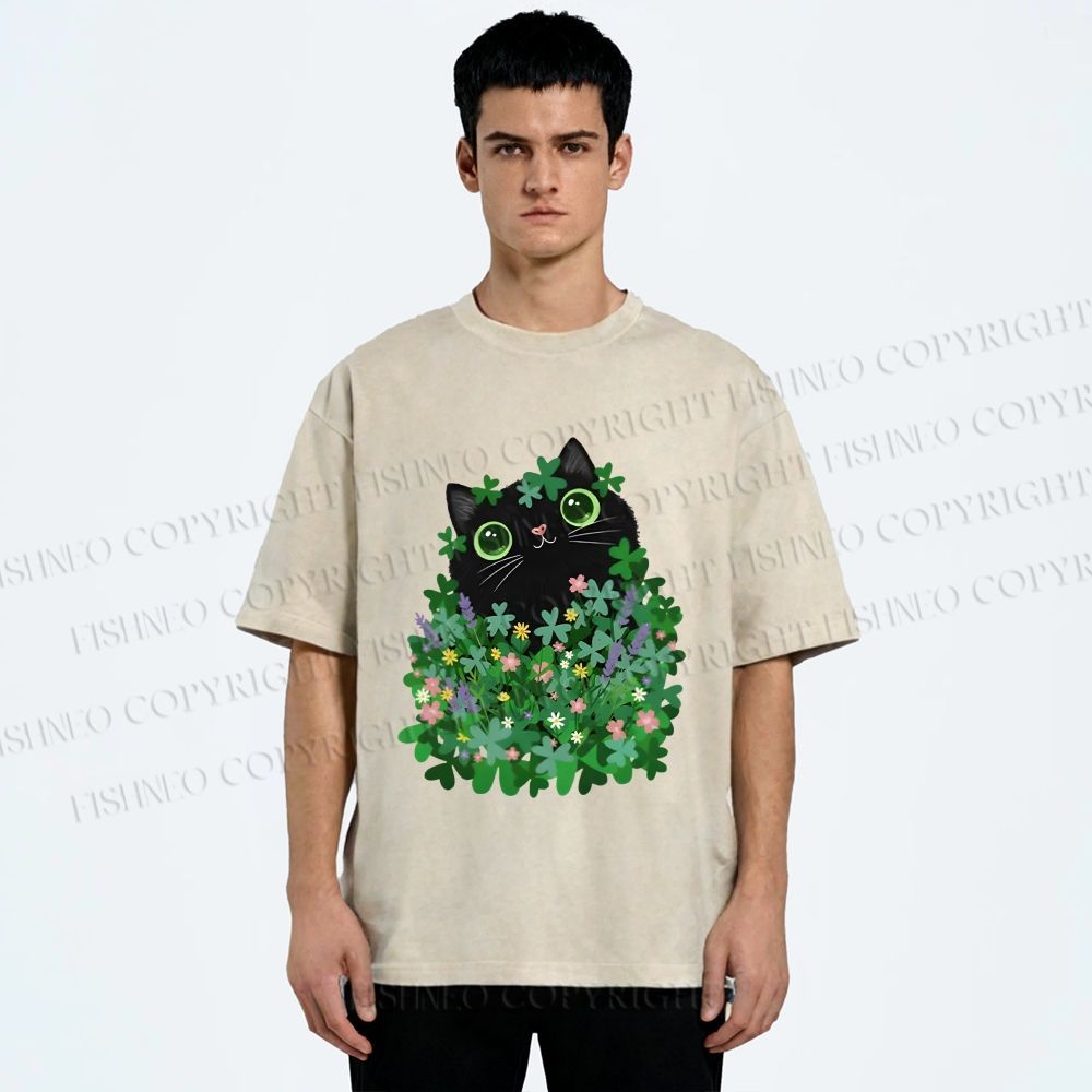 Unisex Black Cat On St. Patrick's Day Printed Washed Tee