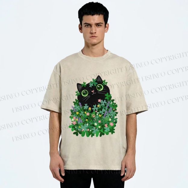 Unisex Black Cat On St. Patrick's Day Printed Washed Tee