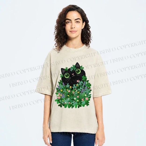 Unisex Black Cat On St. Patrick's Day Printed Washed Tee