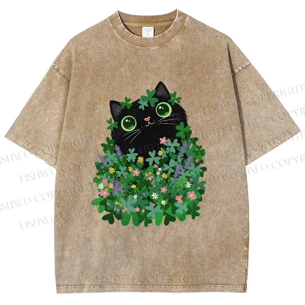 Unisex Black Cat On St. Patrick's Day Printed Washed Tee