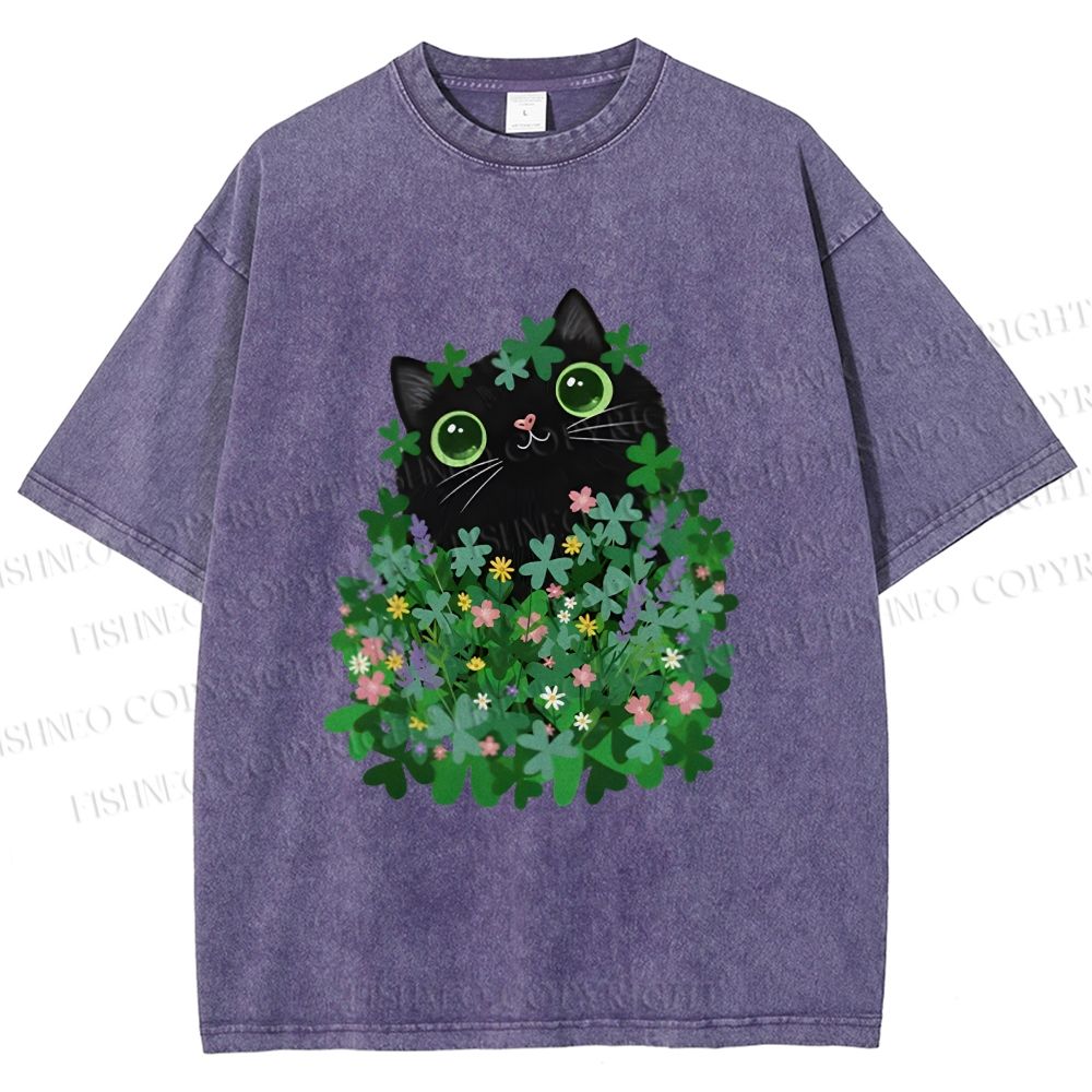 Unisex Black Cat On St. Patrick's Day Printed Washed Tee
