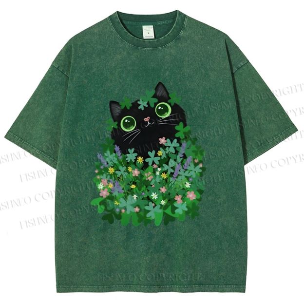Unisex Black Cat On St. Patrick's Day Printed Washed Tee