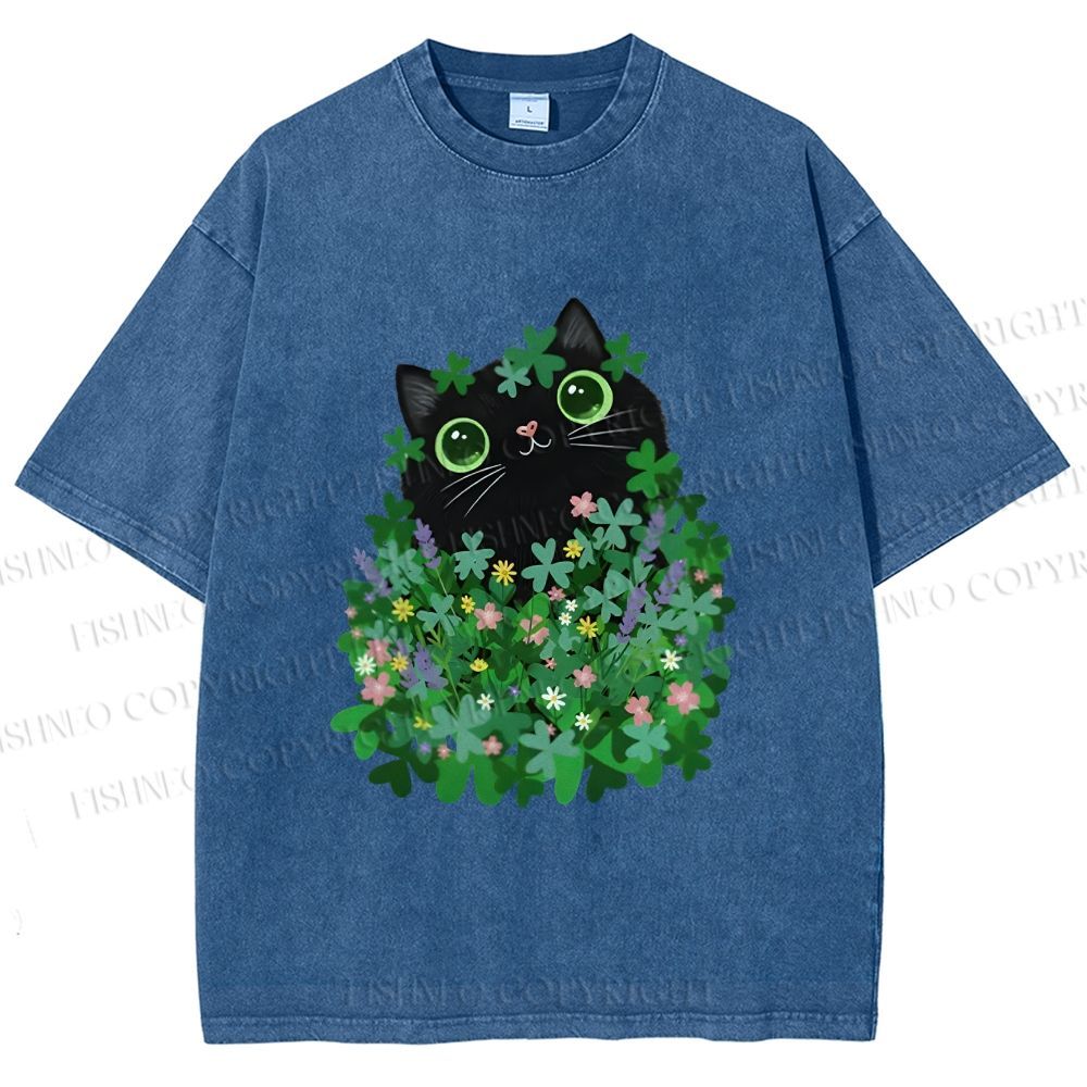Unisex Black Cat On St. Patrick's Day Printed Washed Tee