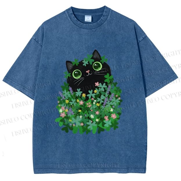 Unisex Black Cat On St. Patrick's Day Printed Washed Tee