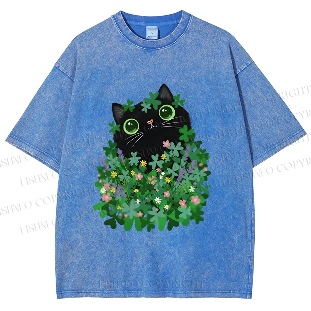 Unisex Black Cat On St. Patrick's Day Printed Washed Tee
