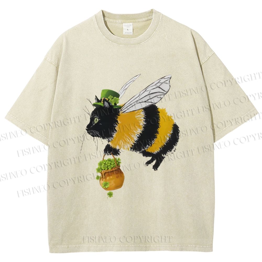 Unisex Lucky Buzz Cat Printed Washed Tee 2602003290