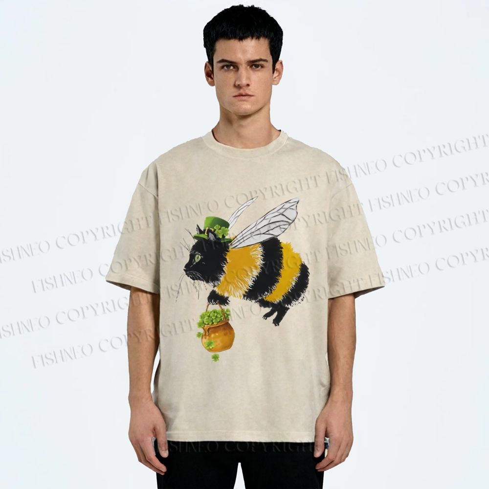 Unisex Lucky Buzz Cat Printed Washed Tee 2602003290