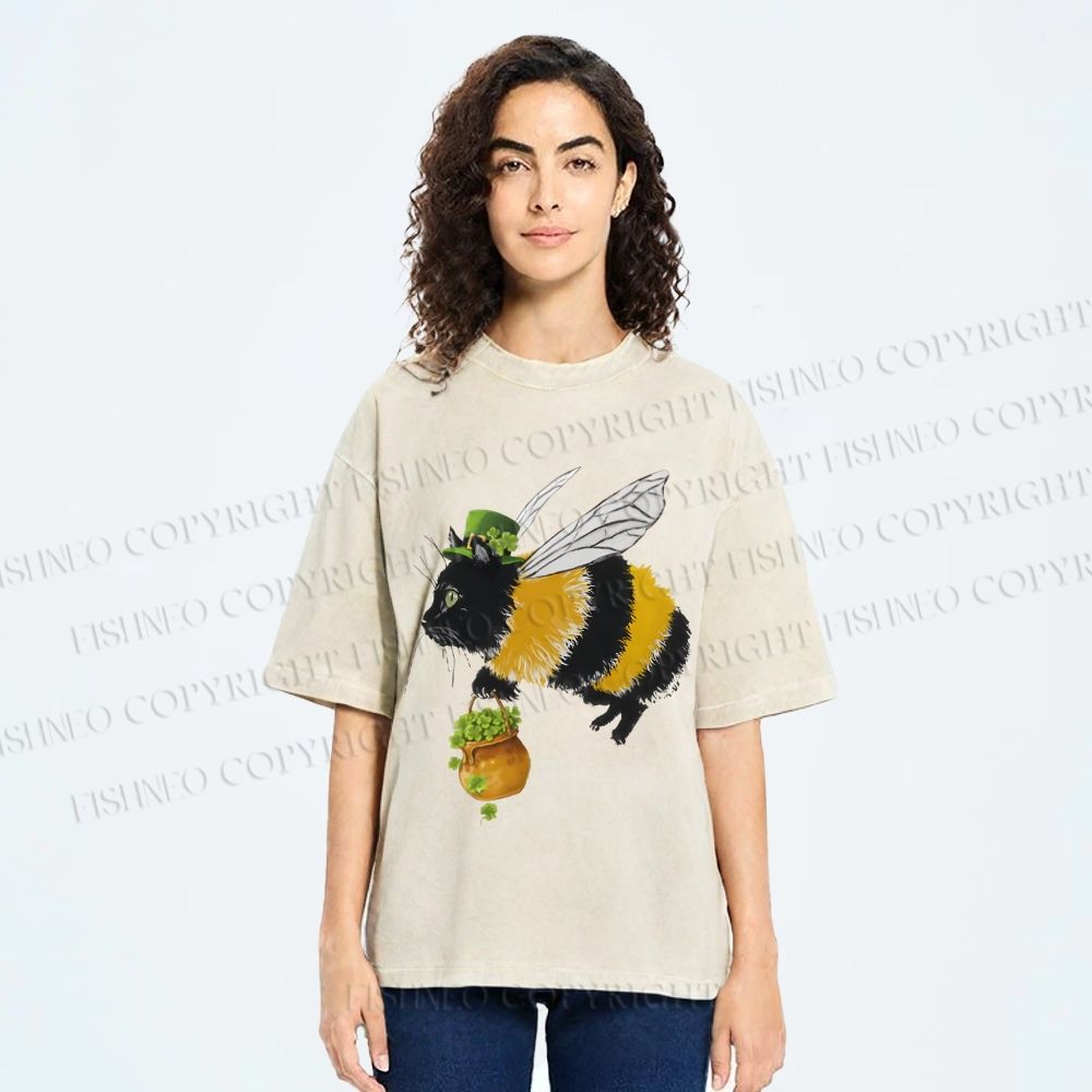 Unisex Lucky Buzz Cat Printed Washed Tee 2602003290