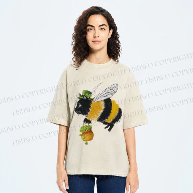 Unisex Lucky Buzz Cat Printed Washed Tee 2602003290