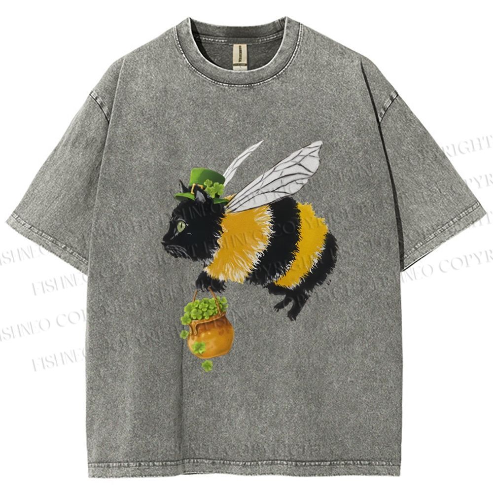 Unisex Lucky Buzz Cat Printed Washed Tee 2602003290