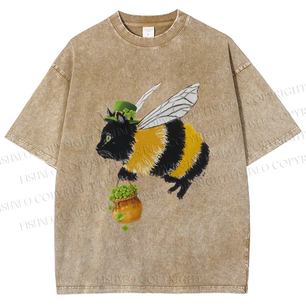 Unisex Lucky Buzz Cat Printed Washed Tee 2602003290