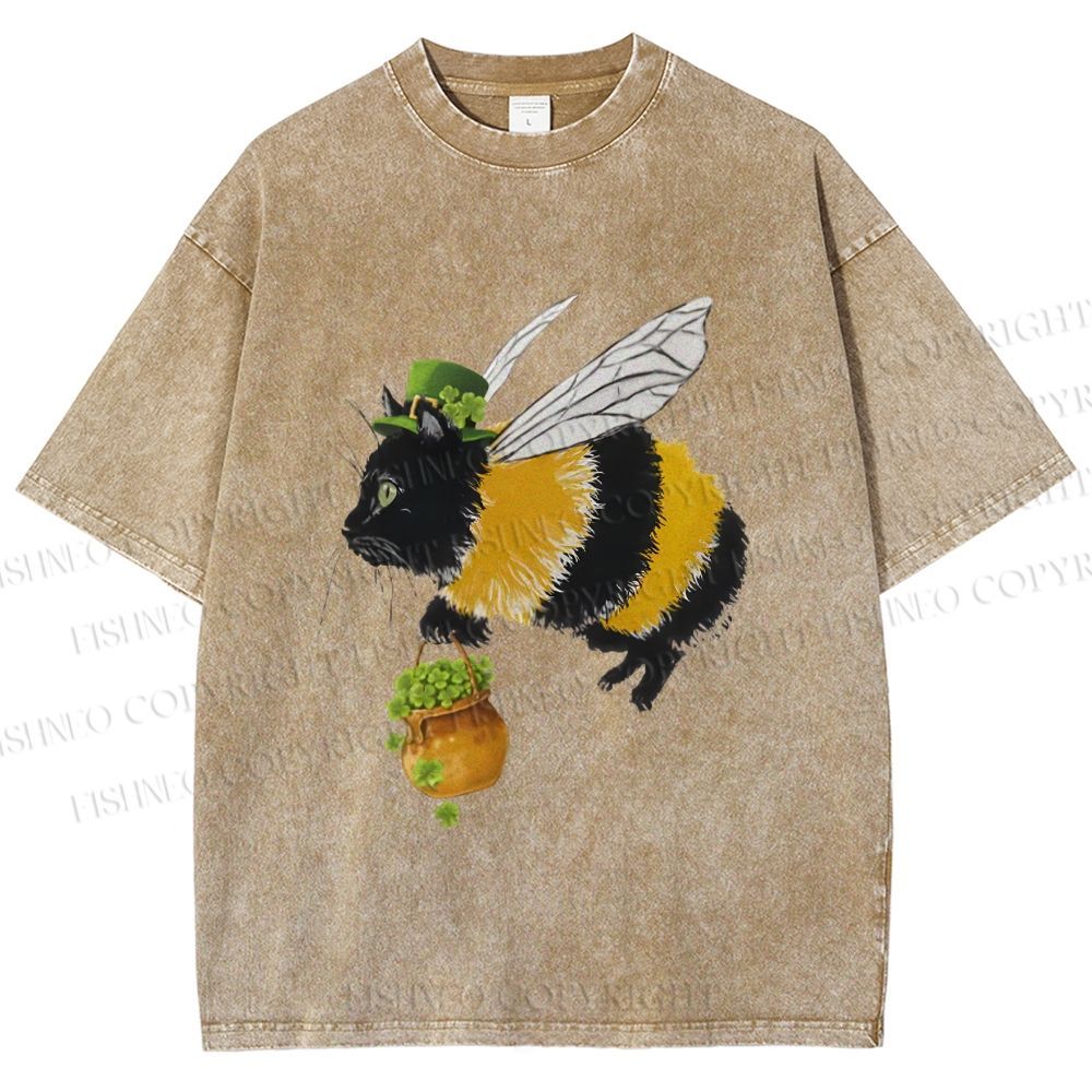 Unisex Lucky Buzz Cat Printed Washed Tee 2602003290