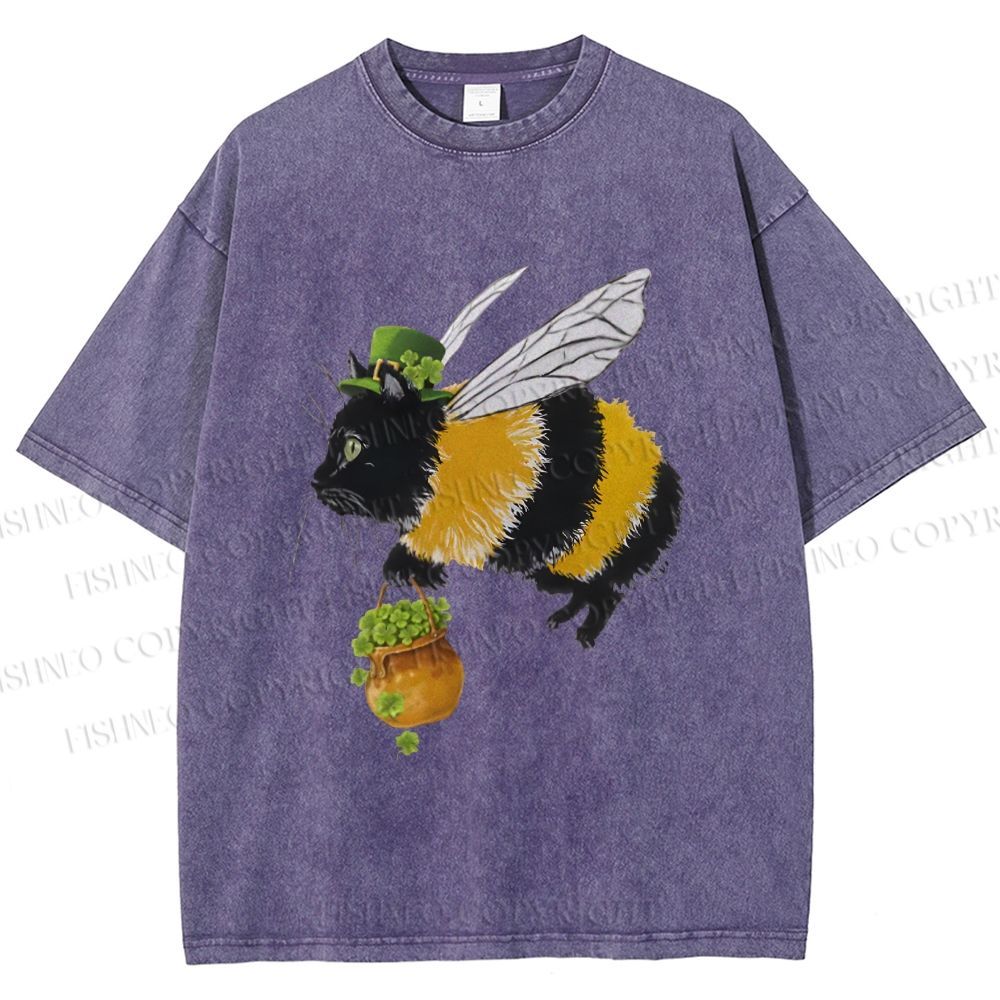 Unisex Lucky Buzz Cat Printed Washed Tee 2602003290