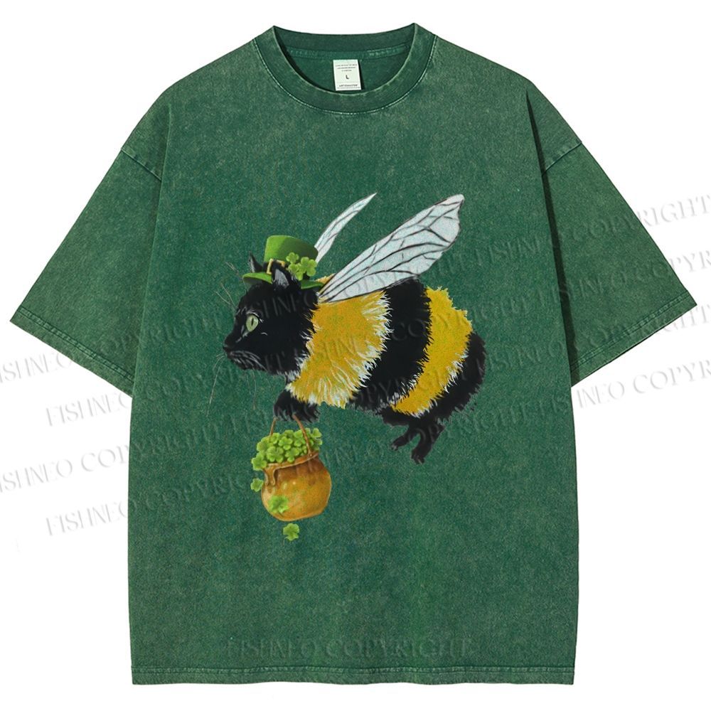 Unisex Lucky Buzz Cat Printed Washed Tee 2602003290