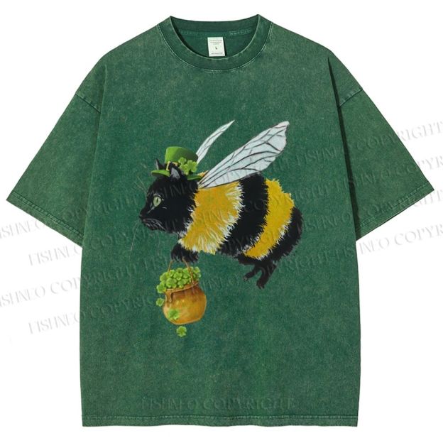 Unisex Lucky Buzz Cat Printed Washed Tee 2602003290