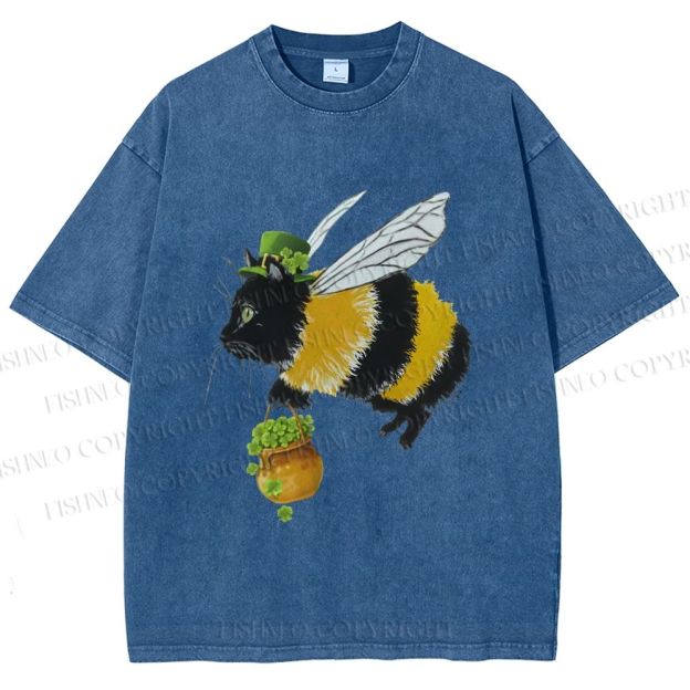 Unisex Lucky Buzz Cat Printed Washed Tee 2602003290