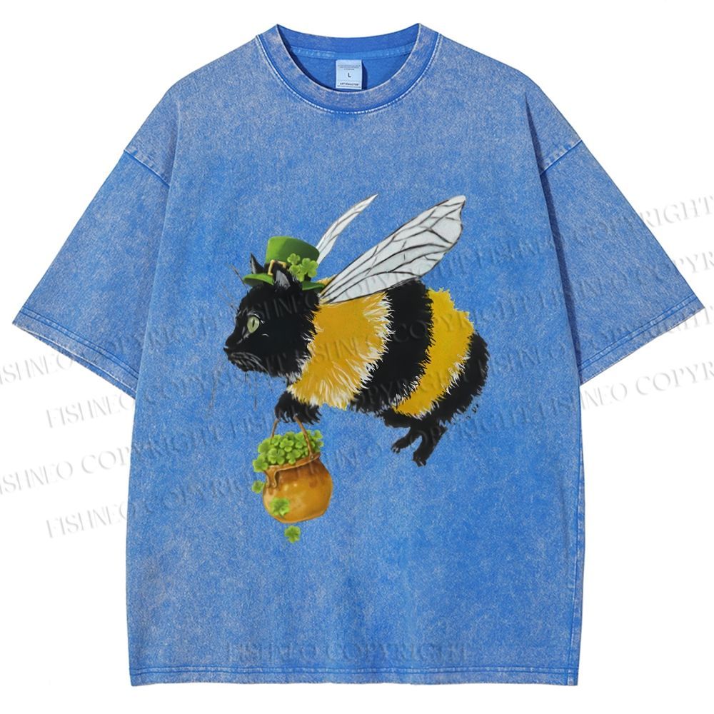 Unisex Lucky Buzz Cat Printed Washed Tee 2602003290