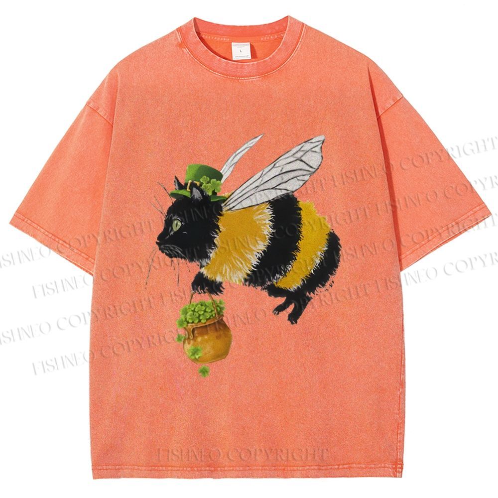 Unisex Lucky Buzz Cat Printed Washed Tee 2602003290