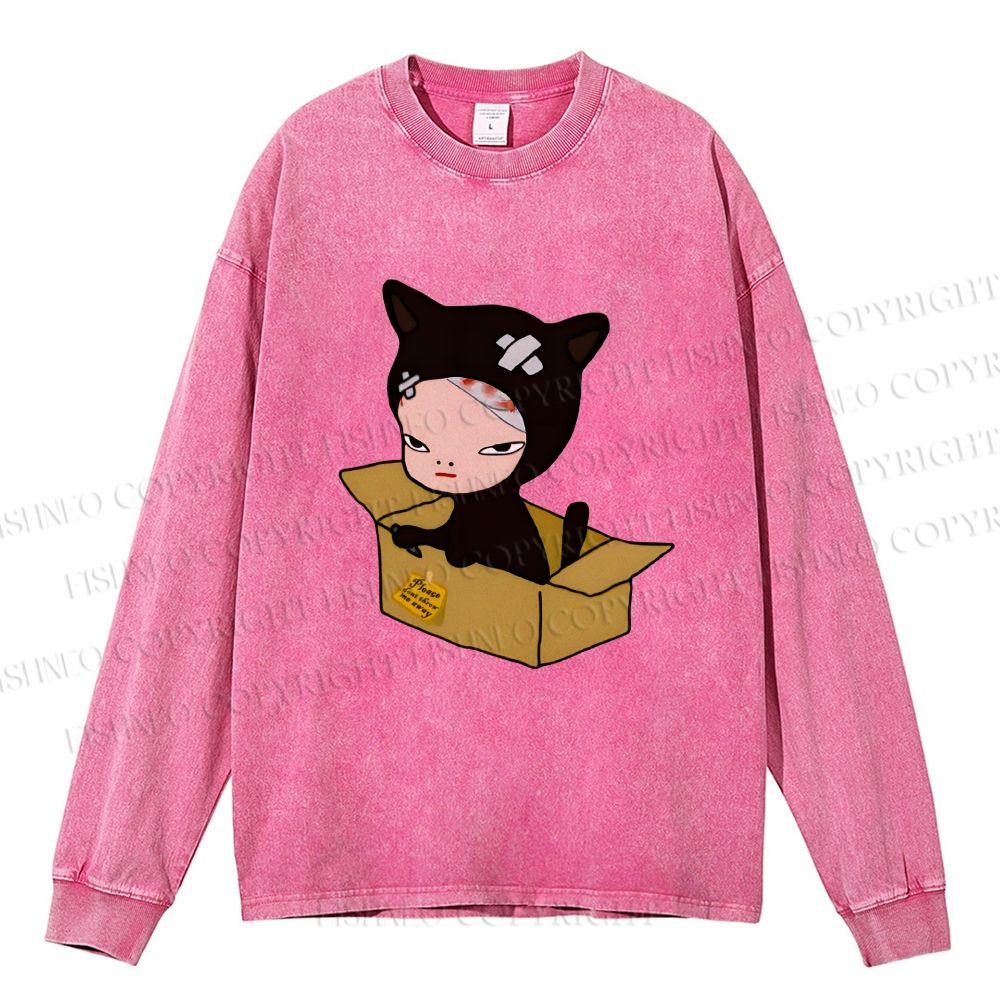 Unisex Casual Washed Yoshitomo Nara Box Printed Long Sleeve T-shirt