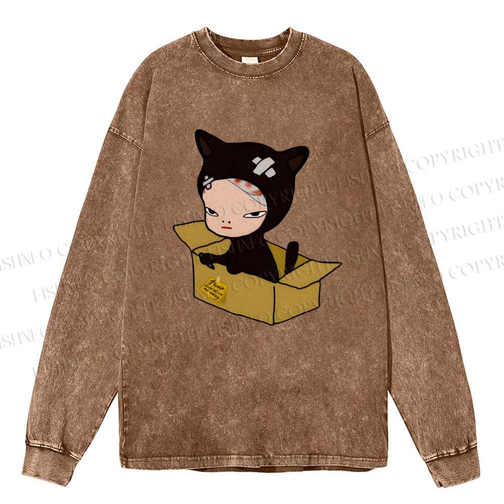 Unisex Casual Washed Yoshitomo Nara Box Printed Long Sleeve T-shirt