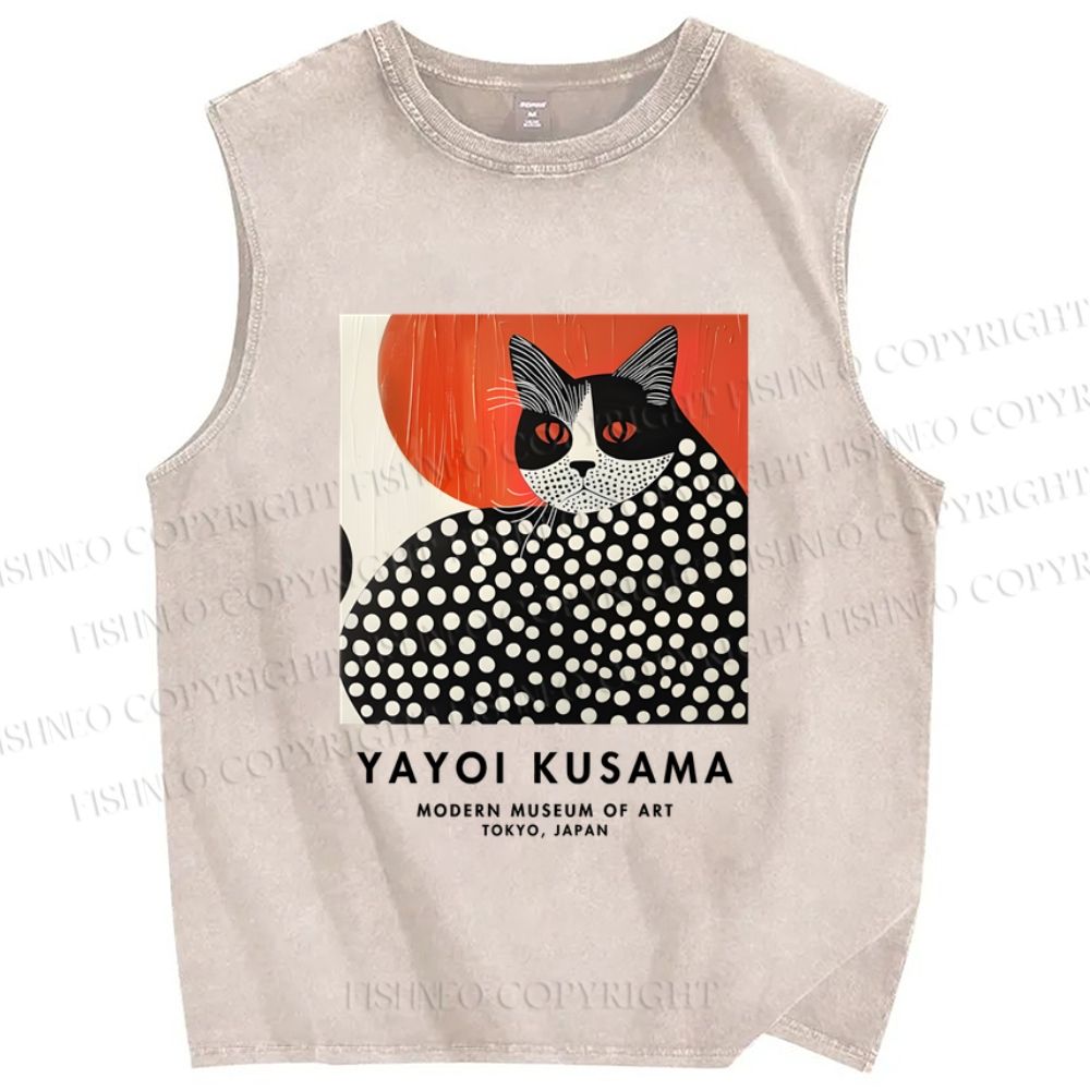 Unisex Yayoi Kusama Cat Printed Washed Tank Top