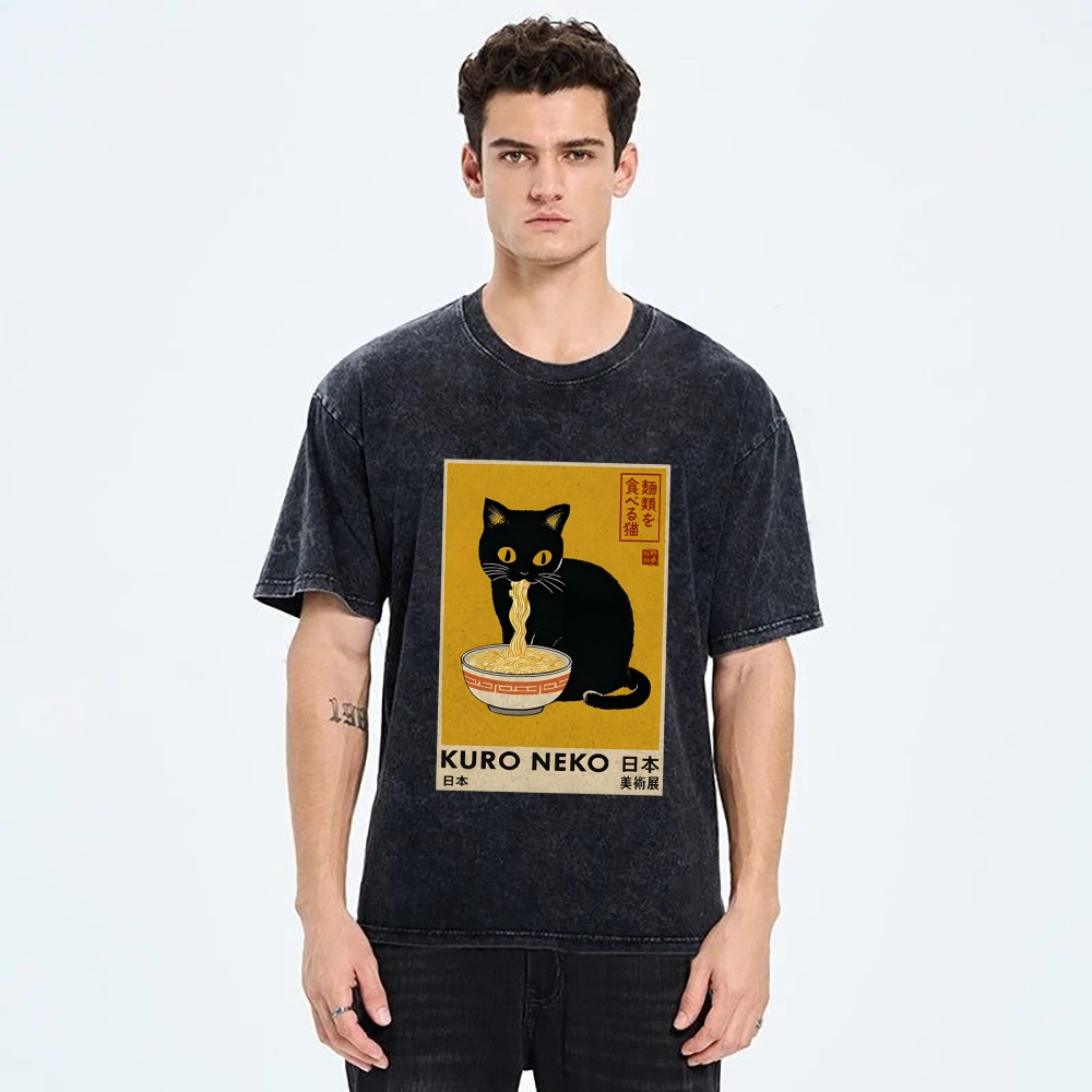 Unisex Kuro Neko Ramen Washed T-Shirt