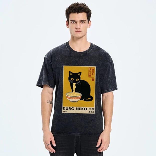 Unisex Kuro Neko Ramen Washed T-Shirt