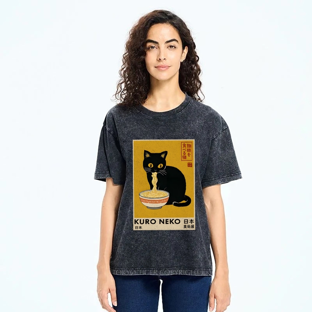 Unisex Kuro Neko Ramen Washed T-Shirt