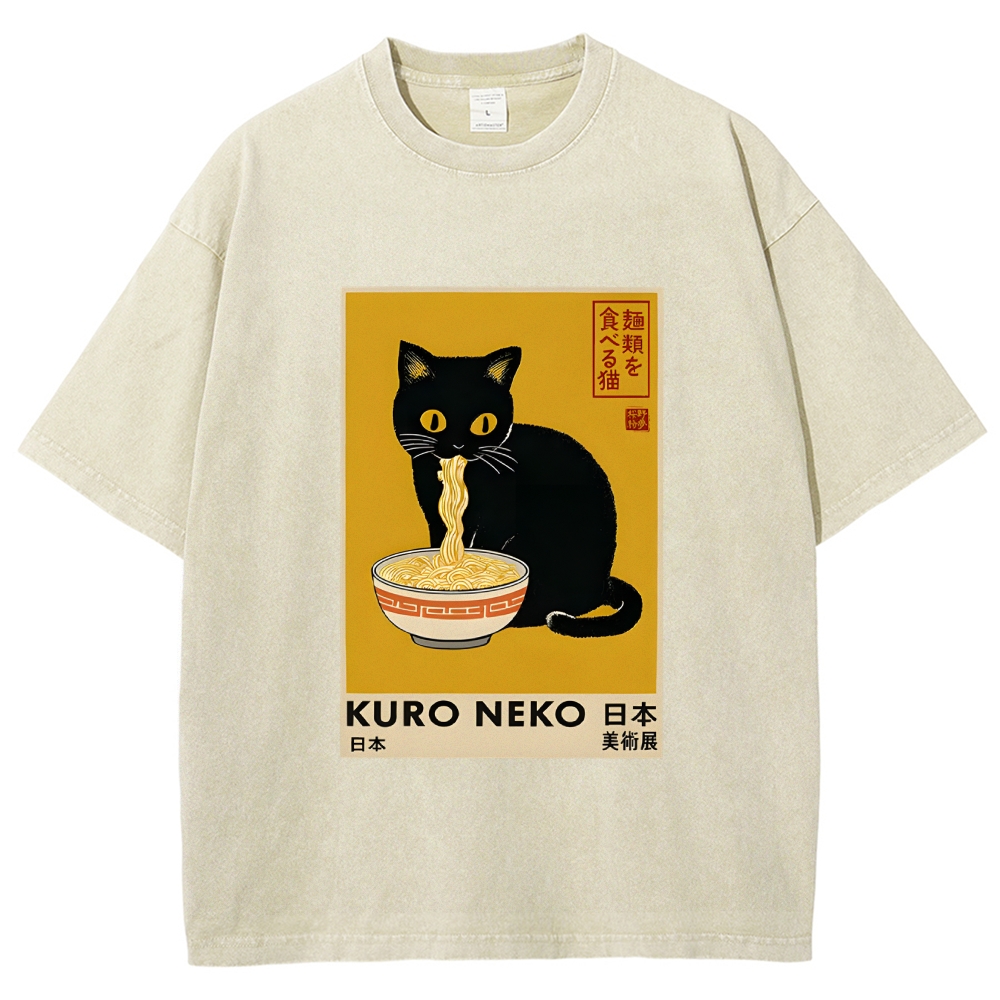 Unisex Kuro Neko Ramen Washed T-Shirt